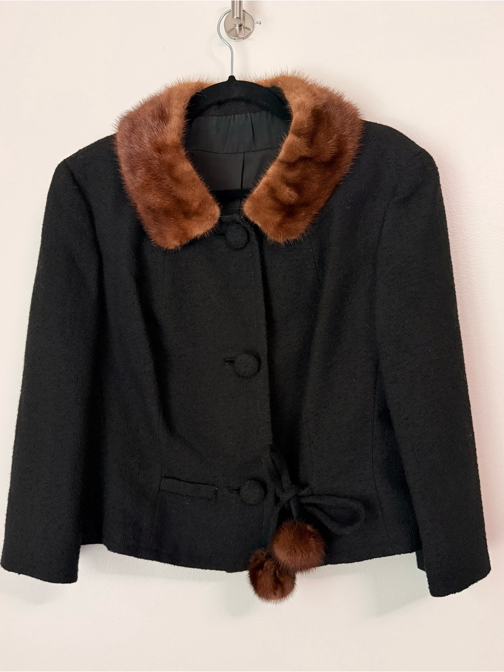 Vintage 50s Bettijean Black Bouclé Crop Jacket Mink Fur Collar Pom Poms